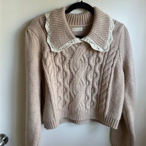Rylee + Cru Beige Cable Knit Sweater with Lace Detail
